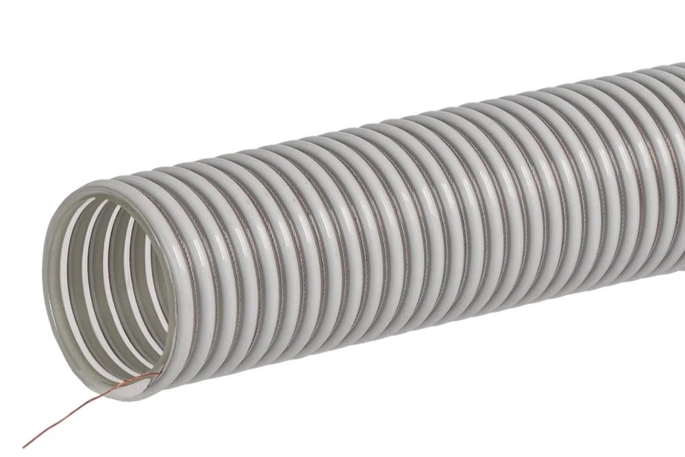 Flexible d'aspiration en PU résistant à l'abrasion avec fil de cuivre pour plastiques, granulés et abrasifs, intérieur lisse, extérieur annelé, -5°C à +60°C