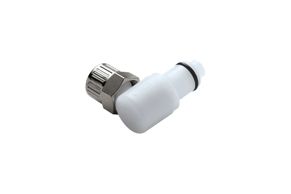 Prise de raccord rapide 90° avec écrou pour flexible, avec vanne, acétal, série PLC DN 6,3