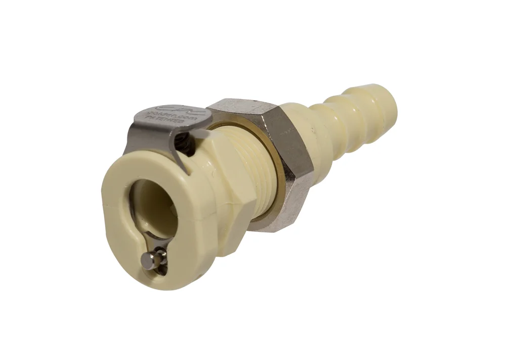 Douille traversante pour raccord rapide de flexible, avec clapet, polypropylène, série PMC DN 3.2