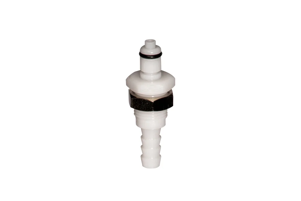 Raccord traversant pour flexible, avec clapet, acétal, série PMC DN 3,2