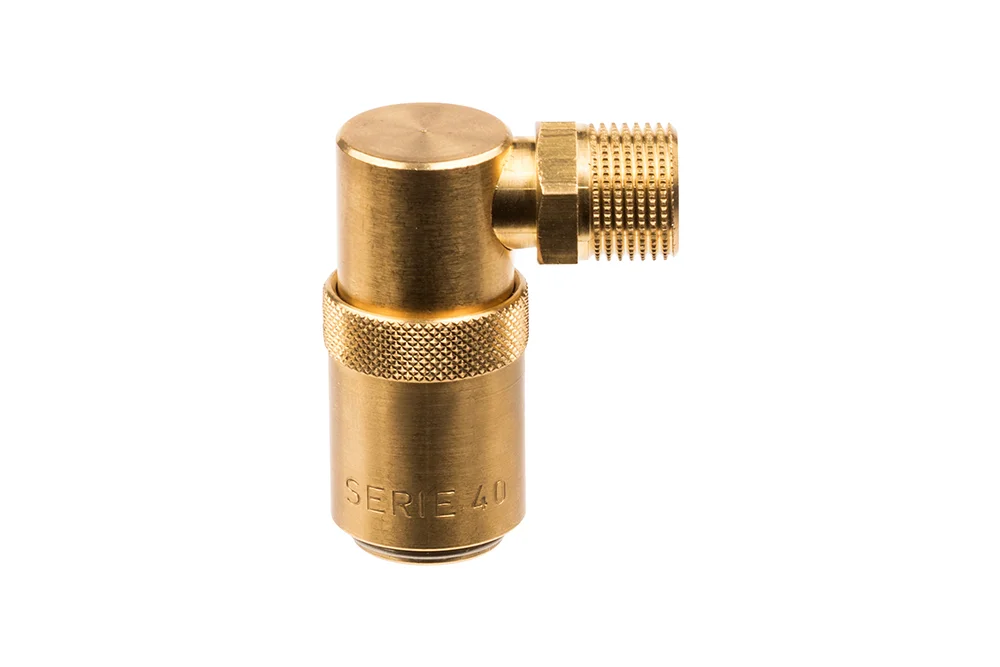 Douille de raccord rapide 90° pour moules d'injection avec filetage mâle et clapet, série DYROS 6