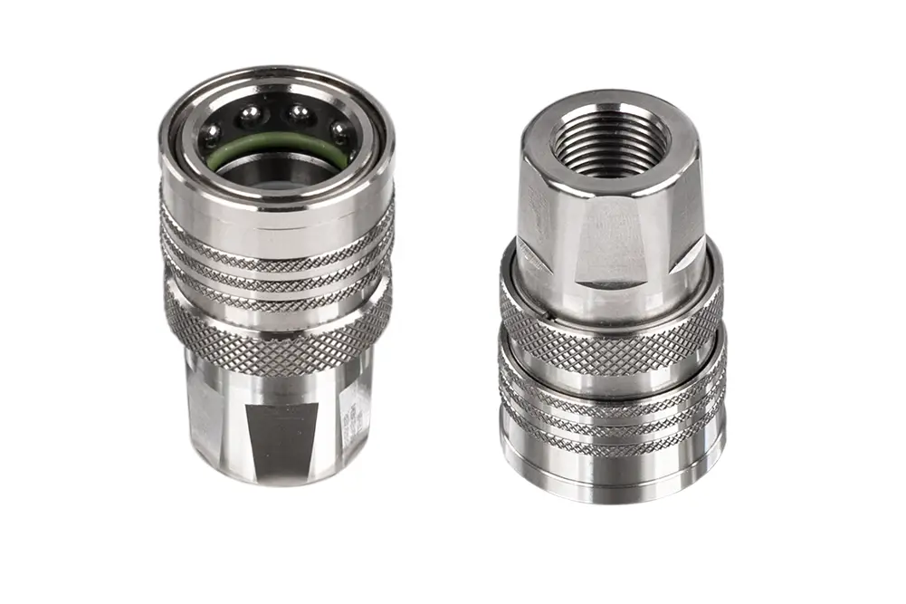 Raccord hydraulique rapide avec clapet et éliminateur, douille avec filetage intérieur BSP, acier inoxydable, TEMA STANDARD