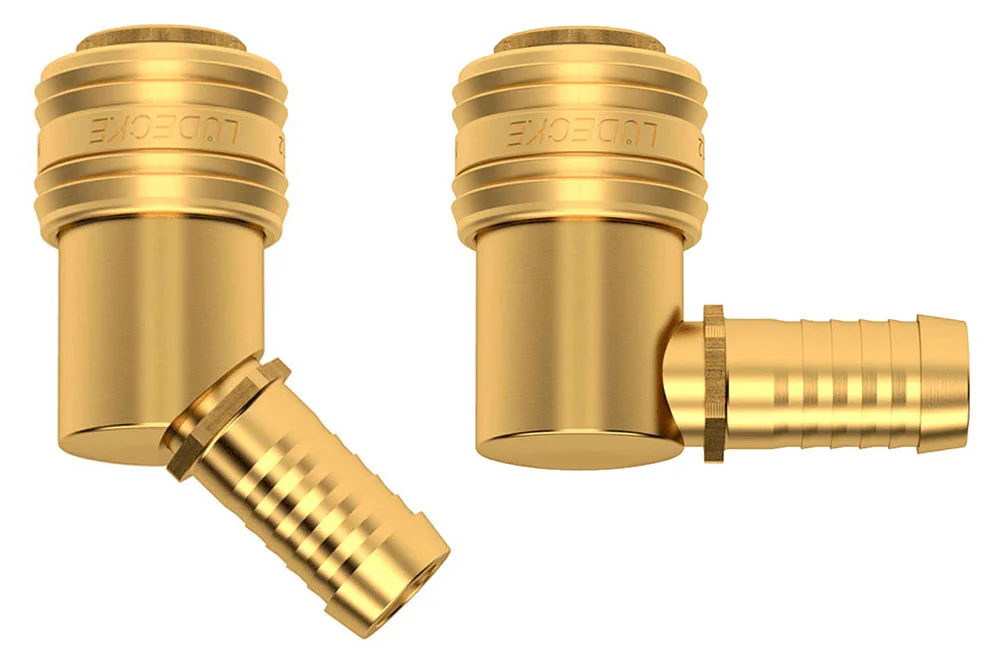 Raccord de sortie d'air DN7,2 Eurostandard avec clapet, coudé, avec embout pour flexible, 35 bar