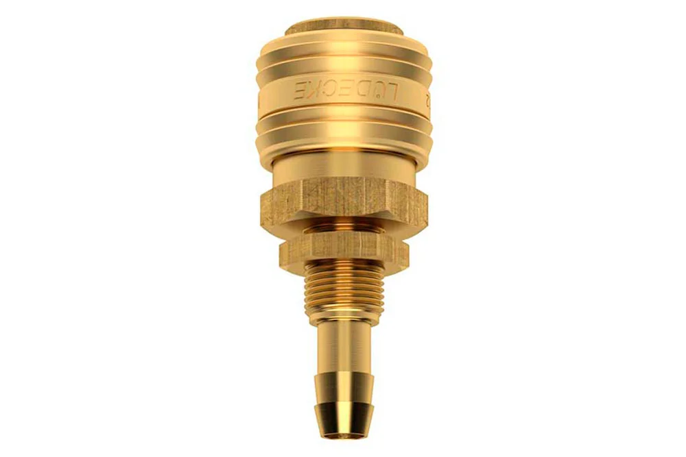 Douille d'air DN7,2 Eurostandard avec clapet, traversante, avec raccord pour flexible, 35 bar